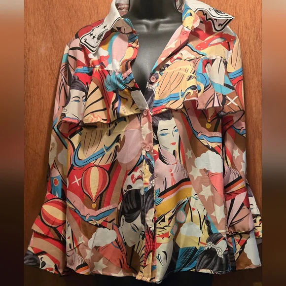 HOST PICK! 🎉Qing Pinz GORGEOUS embroidered ruffle colorful art top szM - Picture 2 of 10